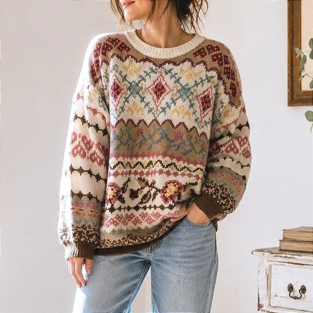 VTG 90's Knit Sweater Floral Fair Isle Grandmacore L Cotton Cottagecore Granny